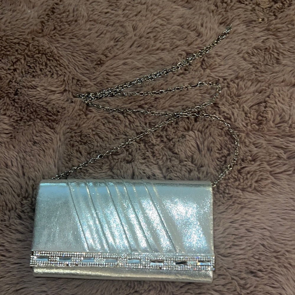Silver formal classy clutch handbag small 8” purse removable chain link strap​ - Picture 3 of 14